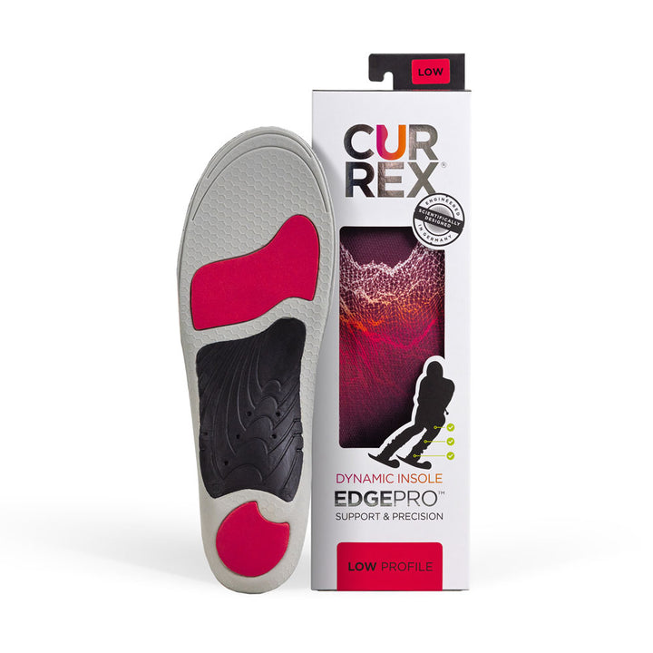 CURREX EDGEPRO insole with gray, red and black base next to white box with red insole inside #1-wahle-dein-profil_low