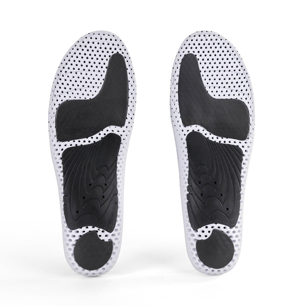 Base view of GOLFPRO high profile insole pair with black arch support, black heel pad, black forefoot cushioning pad, white and black base #1-wahle-dein-profil_high