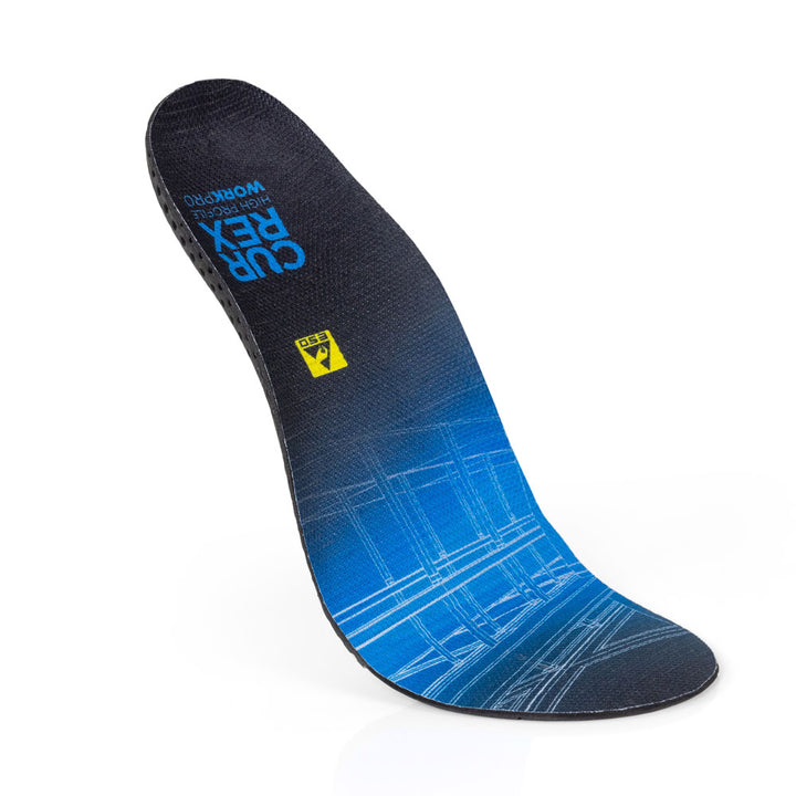 Floating top view of blue colored WORK high profile insoles with black, yellow, and blue base #1-wahle-dein-profil_high