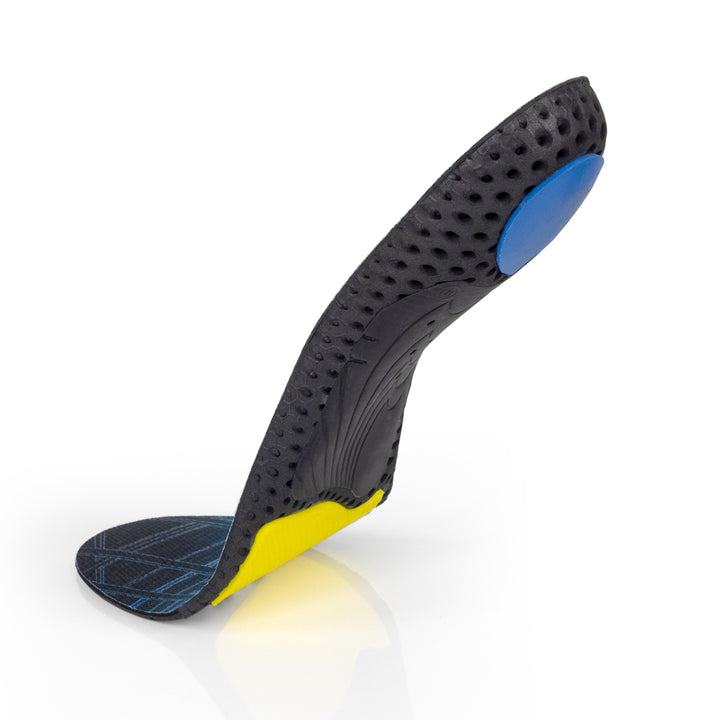 Floating base view of WORK high profile insoles with black arch support, blue heel pad, yellow forefoot cushioning pad, black, yellow, and blue base #1-wahle-dein-profil_high