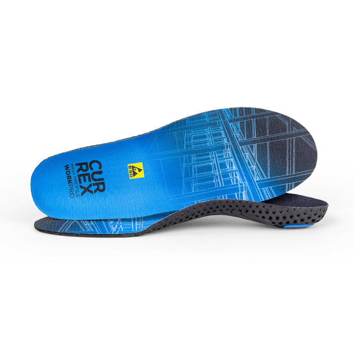 View of pair of blue high profile WORK insoles, one standing on side to show top of insole, second insole set in front showing its profile while toe is facing opposite direction #1-wahle-dein-profil_high