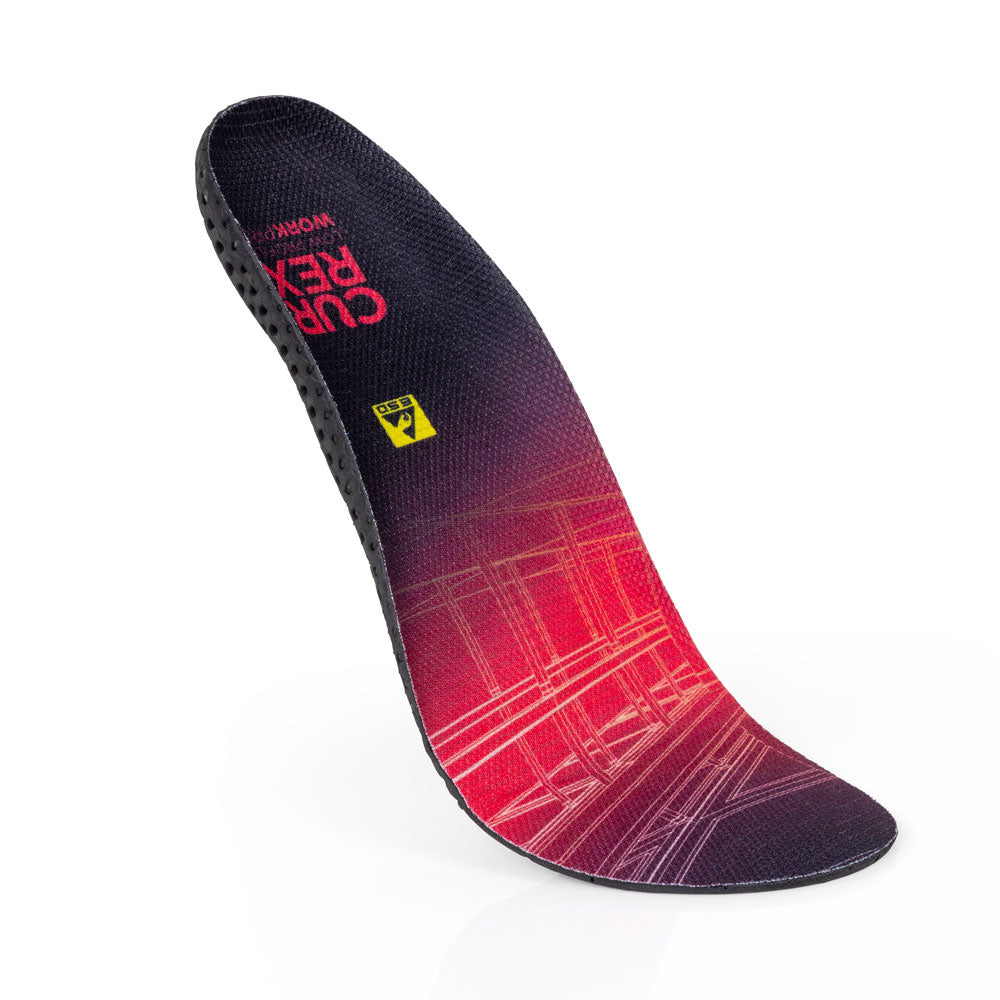 Floating top view of red colored WORK low profile insoles with black, yellow, and blue base #1-wahle-dein-profil_low