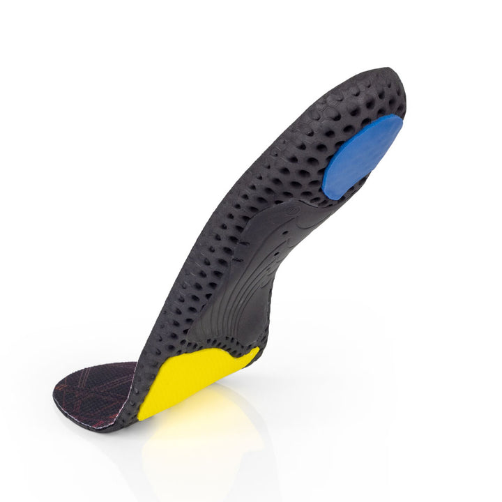 Floating base view of WORK low profile insoles with black arch support, blue heel pad, yellow forefoot cushioning pad, black, yellow, and blue base #1-wahle-dein-profil_low