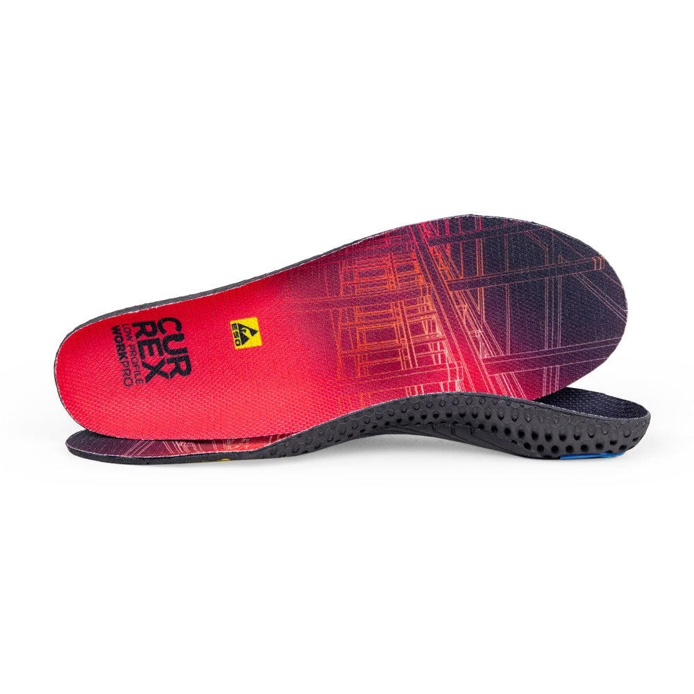 View of pair of red low profile WORK insoles, one standing on side to show top of insole, second insole set in front showing its profile while toe is facing opposite direction #1-wahle-dein-profil_low