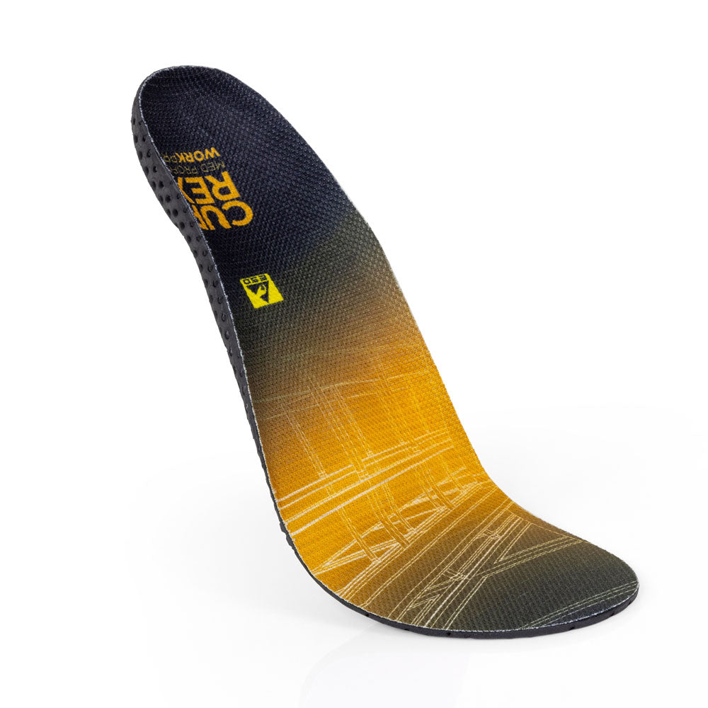 Floating top view of yellow colored WORK medium profile insoles with black, yellow, and blue base #1-wahle-dein-profil_med