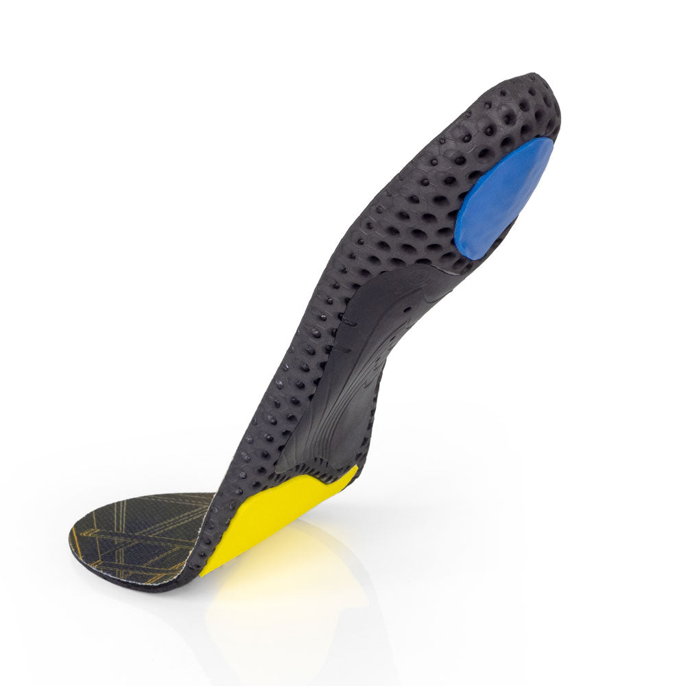 Floating base view of WORK medium profile insoles with black arch support, blue heel pad, yellow forefoot cushioning pad, black, yellow, and blue base #1-wahle-dein-profil_med