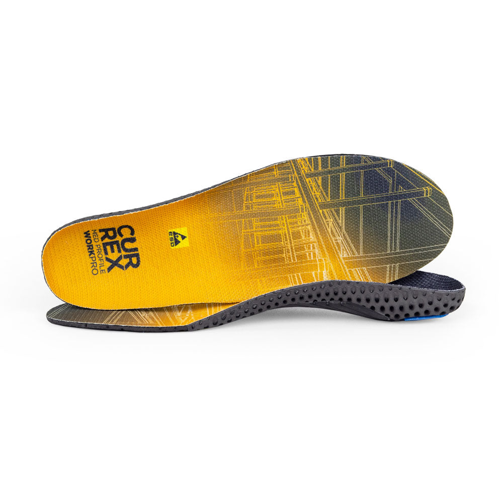 View of pair of yellow medium profile WORK insoles, one standing on side to show top of insole, second insole set in front showing its profile while toe is facing opposite direction #1-wahle-dein-profil_med
