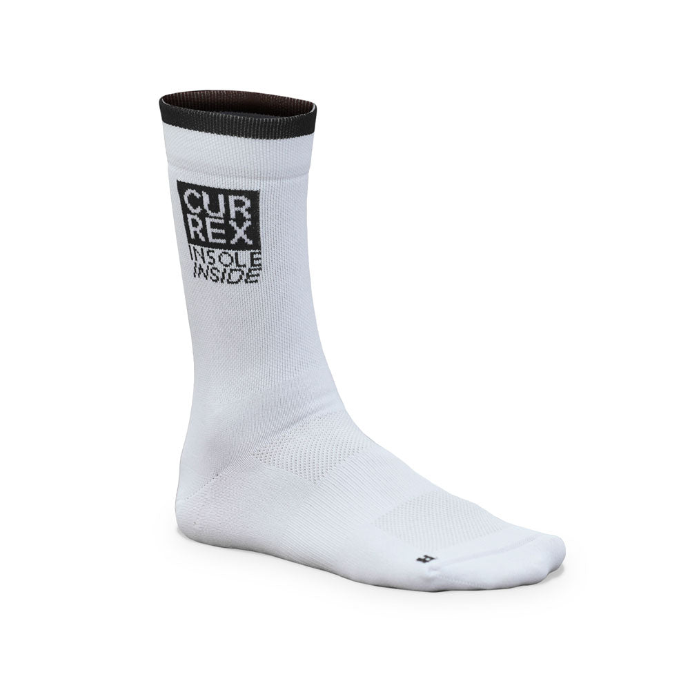 Profile view of CURREX white TriSox, right sock