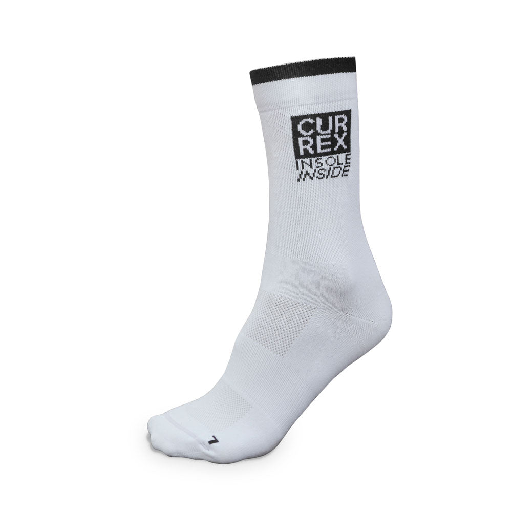 Profile view of CURREX white TriSox, left sock