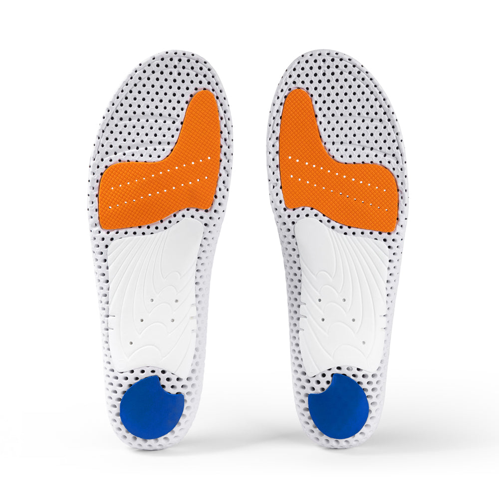 Base view of ACEPRO high profile insole pair with white arch support, blue heel pad, orange forefoot cushioning pad, white, orange, and blue base #1-wahle-dein-profil_high