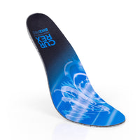 Floating top view of blue colored BIKEPRO high profile insoles with gray, red and black base #1-wahle-dein-profil_high