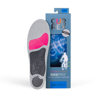 CURREX BIKEPRO insole with gray, red and black base next to blue box with blue insole inside #1-wahle-dein-profil_high