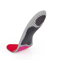 Floating base view of BIKEPRO low profile insoles with black arch support, black heel pad, red forefoot cushioning pad, gray, red and black base #1-wahle-dein-profil_low