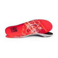 View of pair of red low profile BIKEPRO insoles, one standing on side to show top of insole, second insole set in front showing its profile while toe is facing opposite direction #1-wahle-dein-profil_low