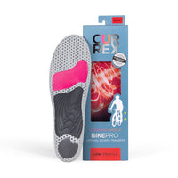 CURREX BIKEPRO insole with gray, red and black base next to black box with red insole inside #1-wahle-dein-profil_low