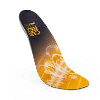 Floating top view of yellow colored BIKEPRO medium profile insoles with gray, red and black base #1-wahle-dein-profil_med