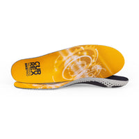 View of pair of yellow medium profile BIKEPRO insoles, one standing on side to show top of insole, second insole set in front showing its profile while toe is facing opposite direction #1-wahle-dein-profil_med