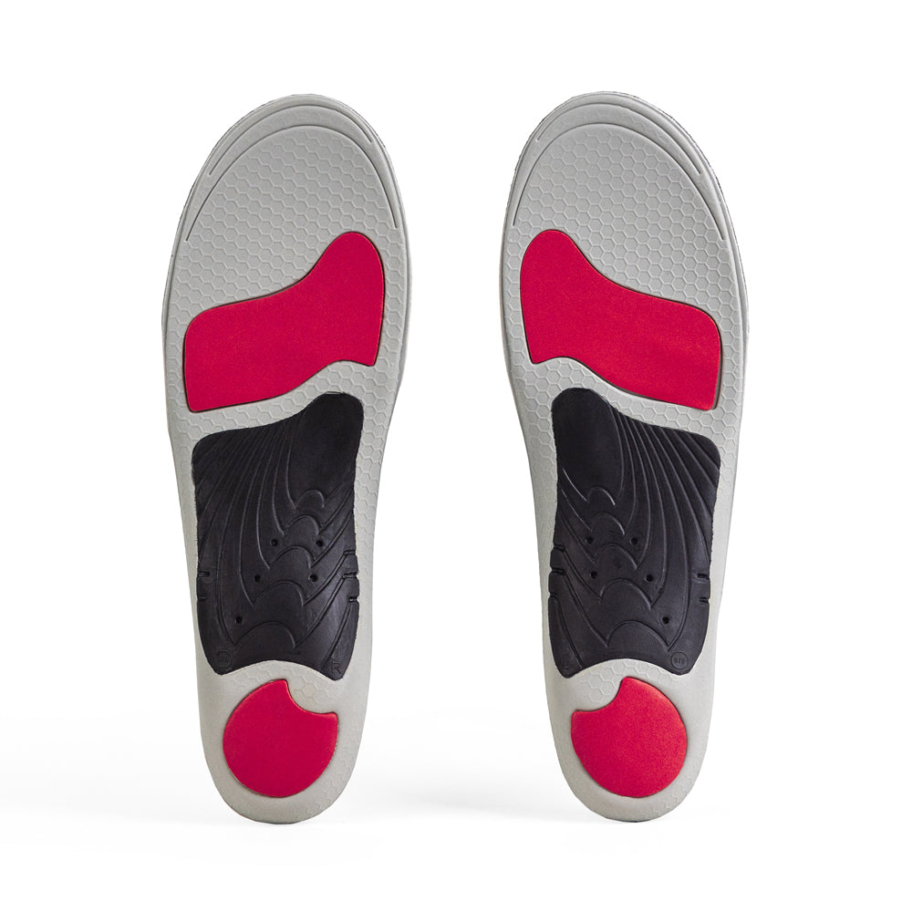 Base view of EDGEPRO high profile insole pair with black arch support, red heel pad, red forefoot cushioning pad, gray base #1-wahle-dein-profil_high