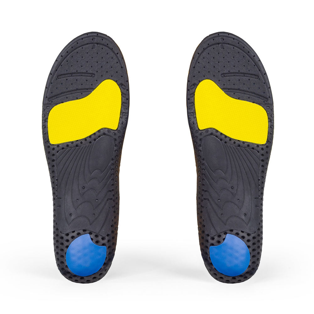 Base view of WORK low profile insole pair with black arch support, blue heel pad, yellow forefoot cushioning pad, black base #1-wahle-dein-profil_low
