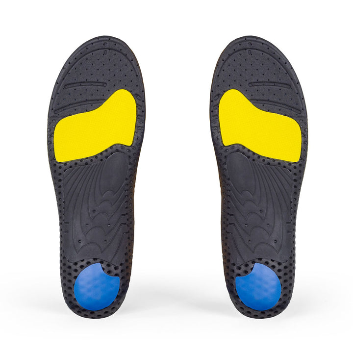 Base view of WORK medium profile insole pair with black arch support, blue heel pad, yellow forefoot cushioning pad, black base #1-wahle-dein-profil_med